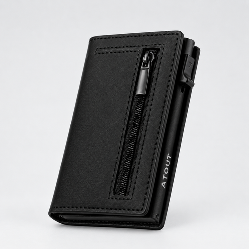 Portefeuille compact ATOUT noir — poche zippée, glissière latérale et logo ATOUT gravé