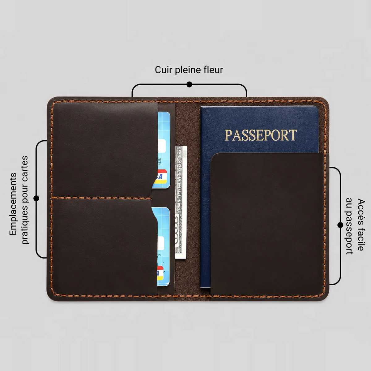 Portefeuille pour passeport ATOUT ouvert — emplacements pour cartes, billets et passeport, cuir pleine fleur